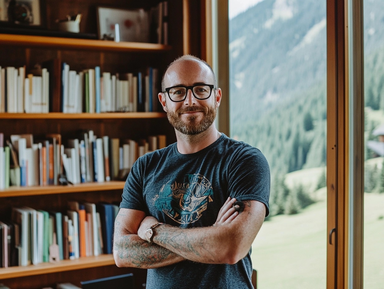 Man with Books in Library