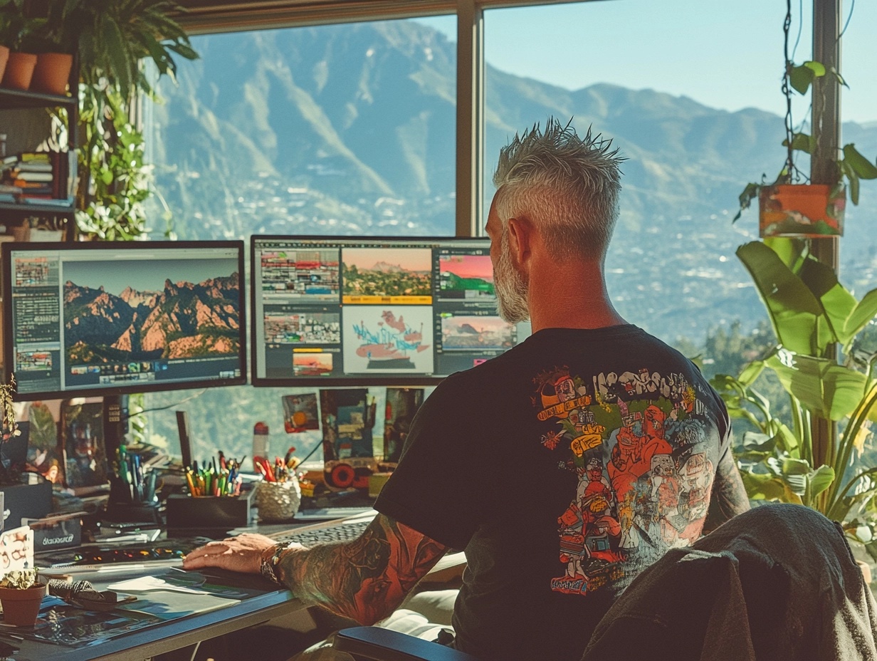 Man working with mountain view
