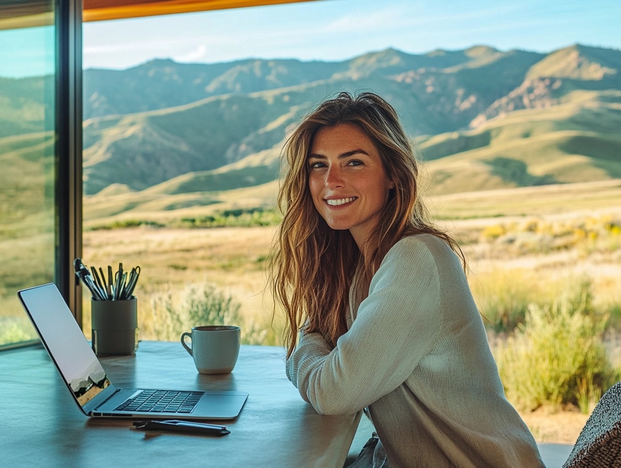 Woman working outdoors with a laptop and coffee