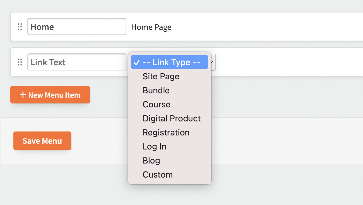 Site menu link types and ordering