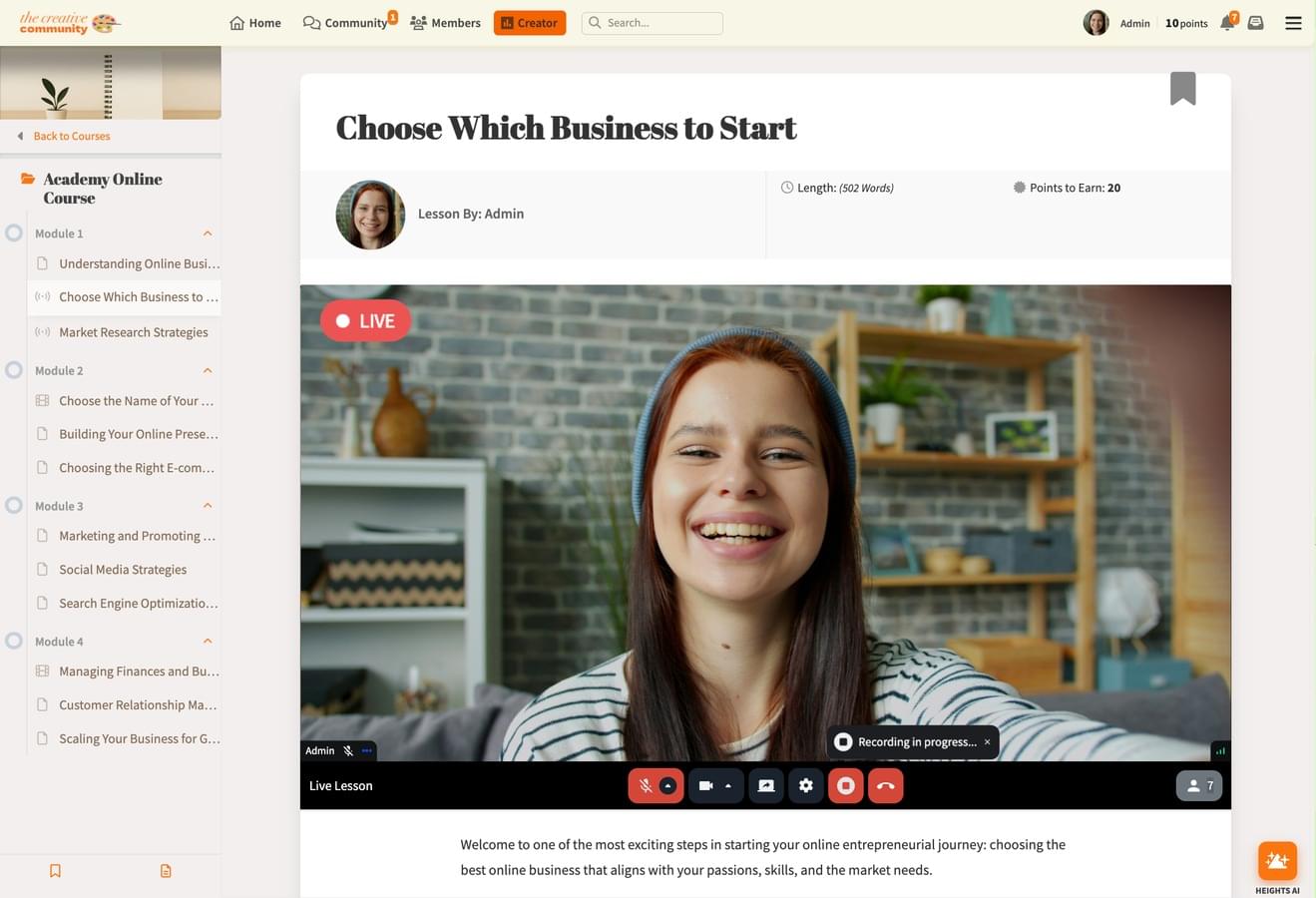 Heights Platform course creation live streaming