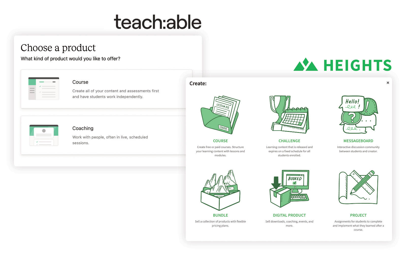 product creation features in Teachable alternative Heights Platform 